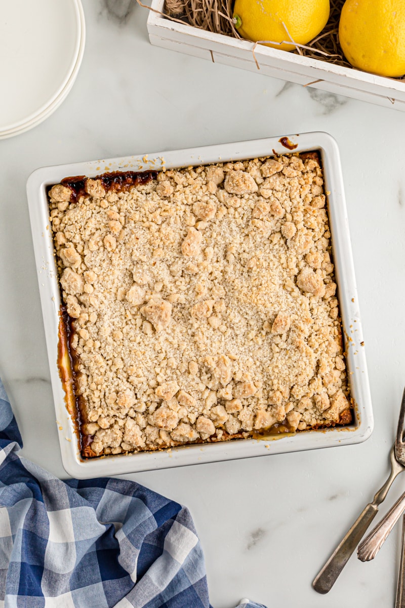 Overhead view of lemon yogurt crumb cake in pan