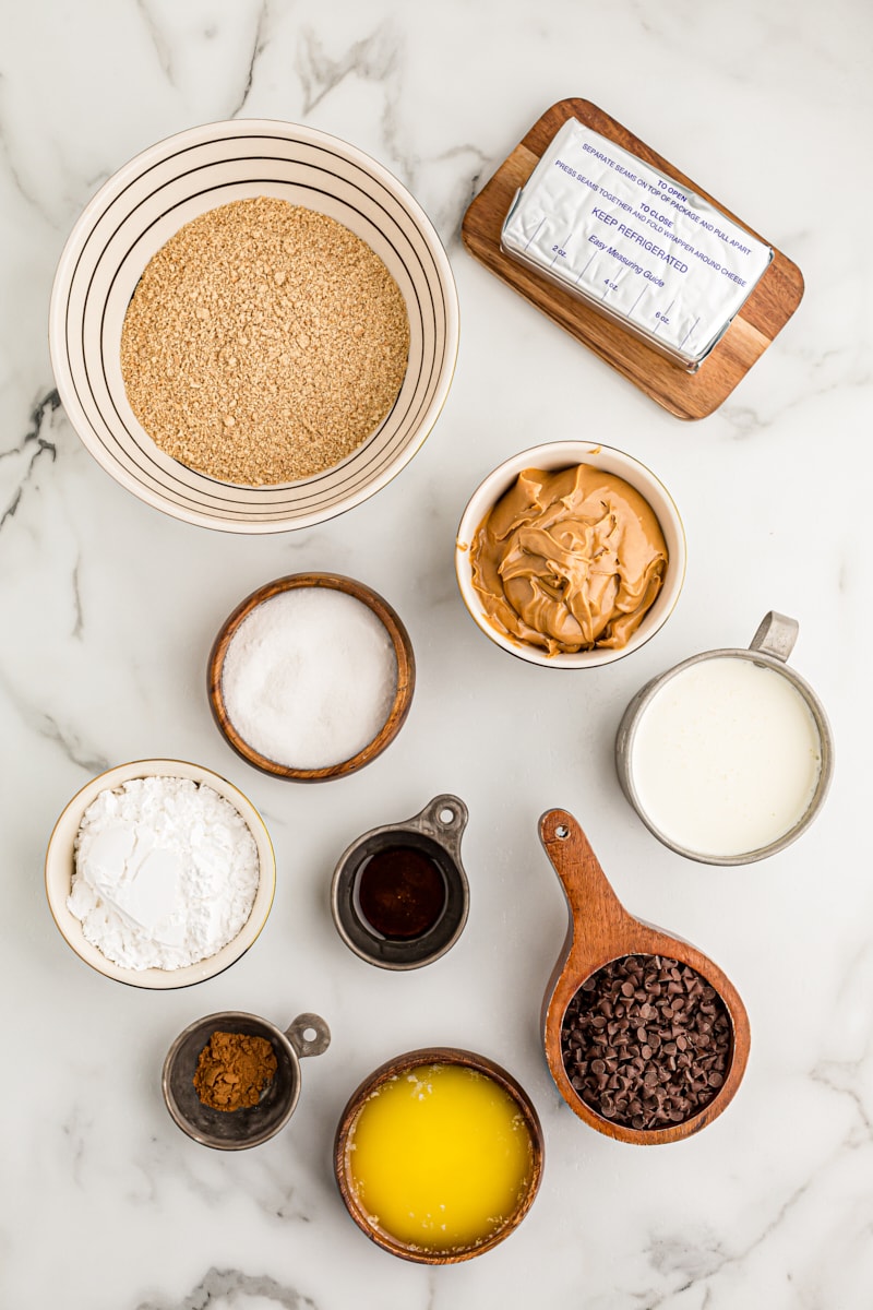 Overhead view of ingredients for peanut butter chocolate chip pie