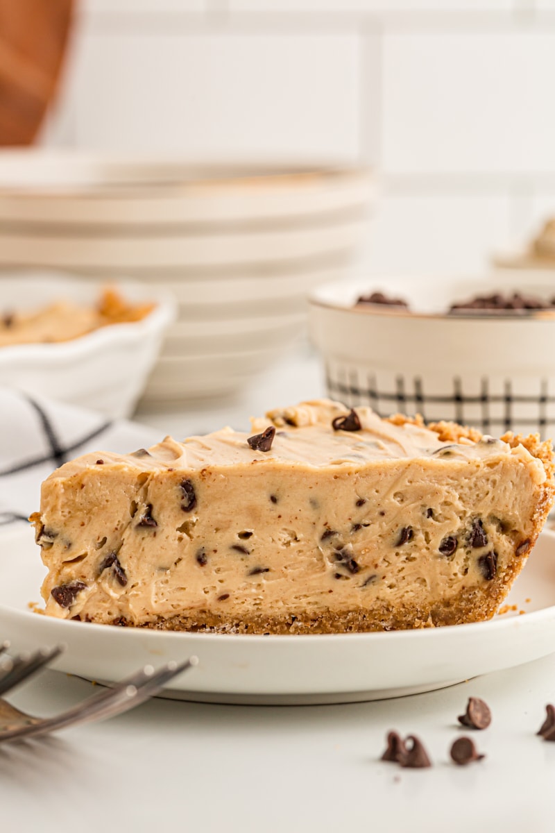 Side view of peanut butter chocolate chip pie on white plate