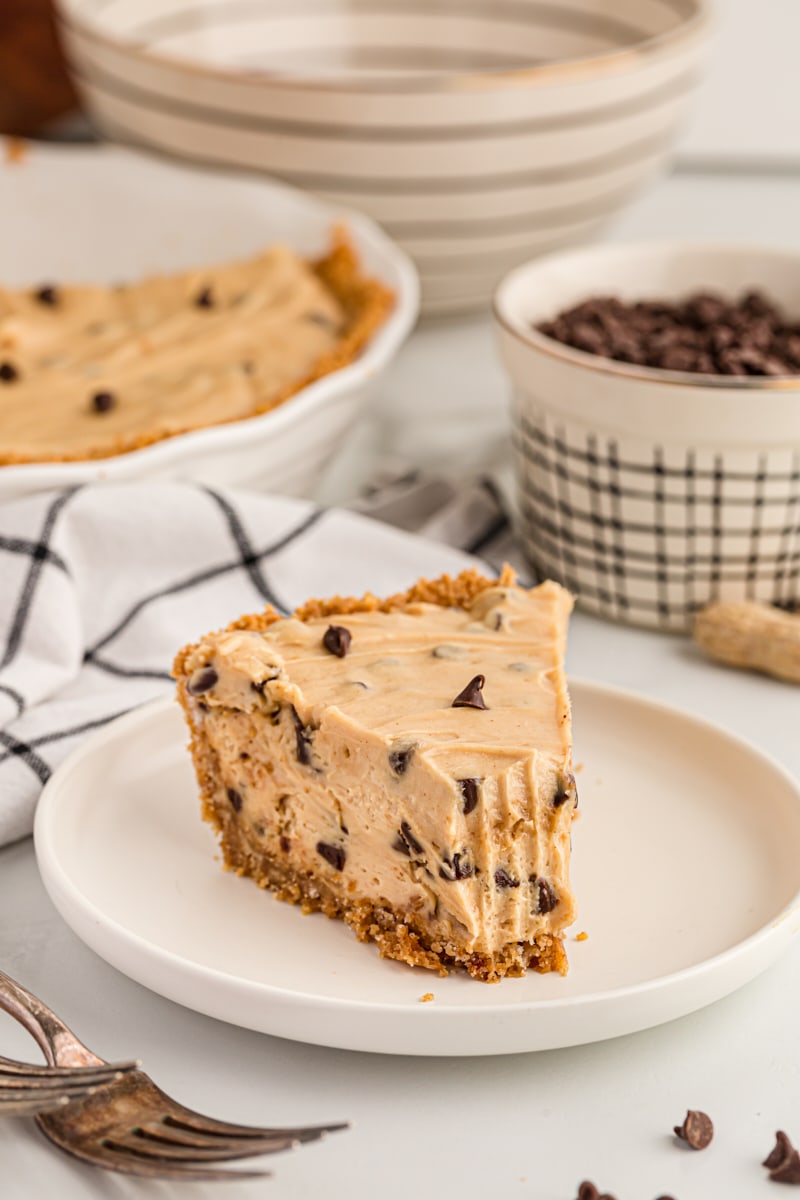 Peanut butter chocolate chip pie on plate with tip removed