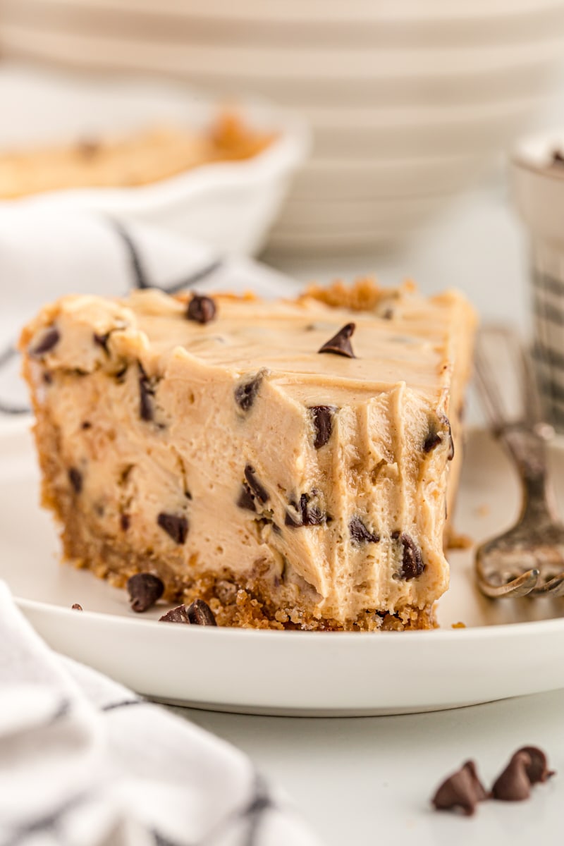 Close up of peanut butter chocolate chip pie on plate with tip eaten