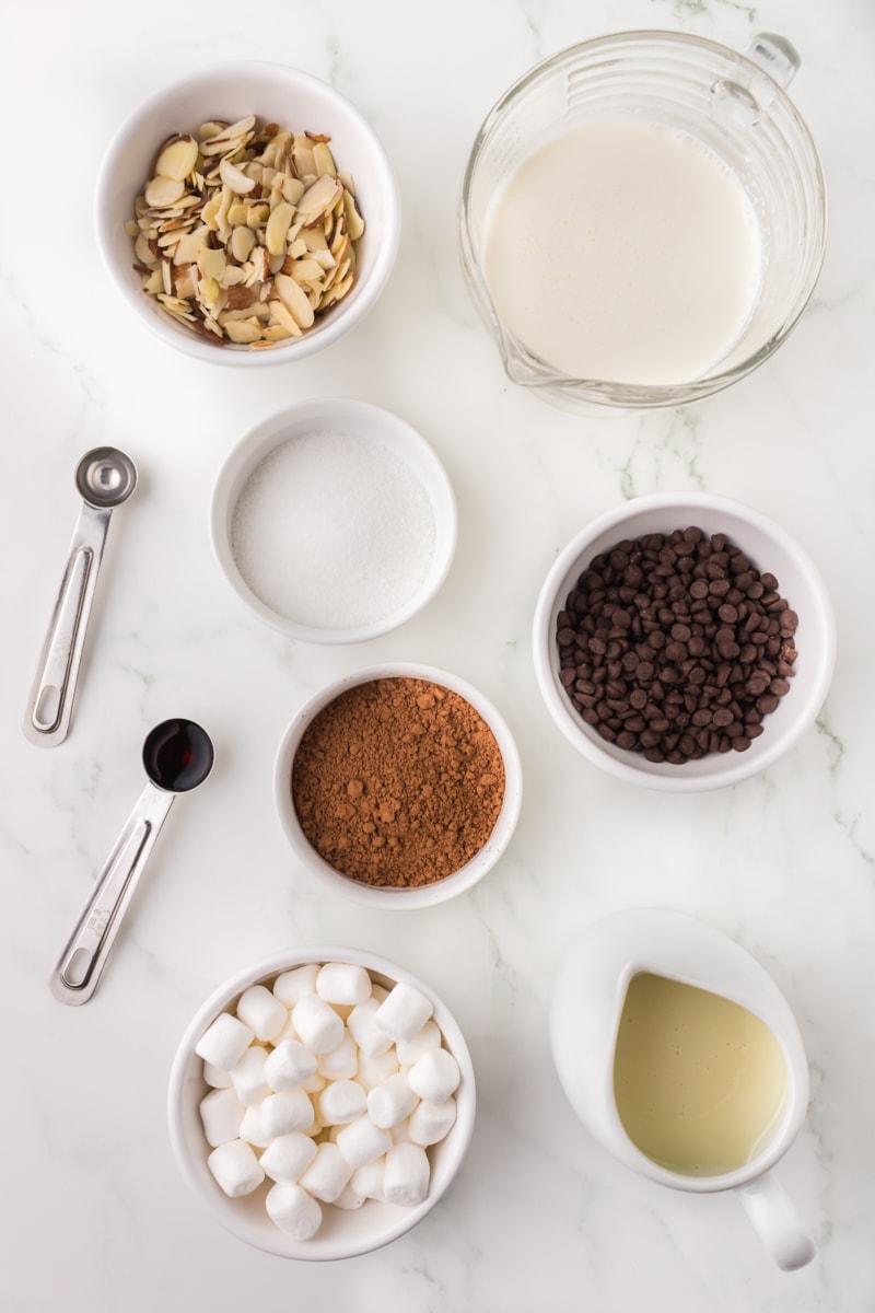 overhead view of ingredients for rocky road ice cream