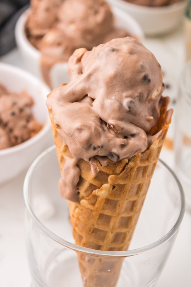 rocky road ice cream served on a waffle cone