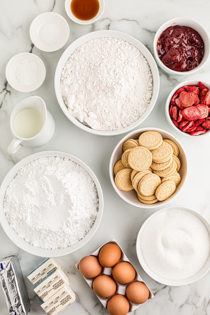 Overhead view of ingredients for strawberry crunch cake
