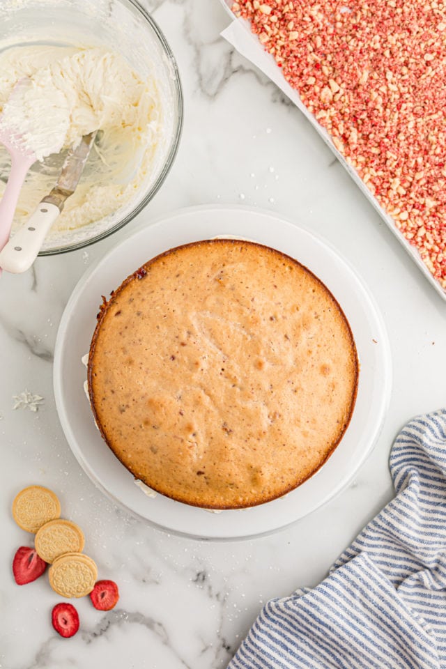 Overhead view of unfrosted strawberry crunch cake