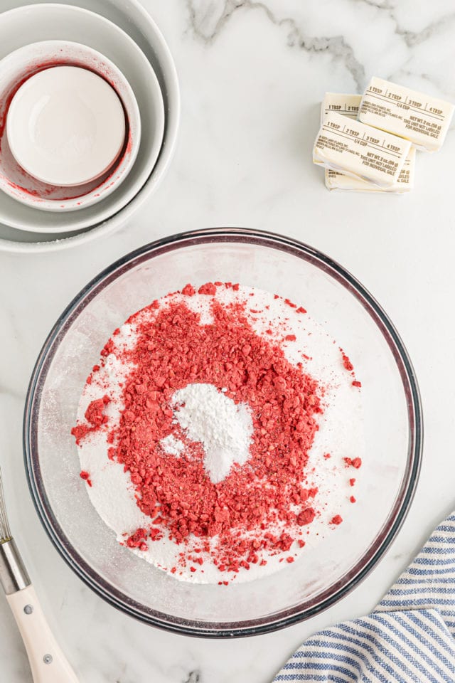 Overhead view of dry ingredients in mixing bowl before whisking