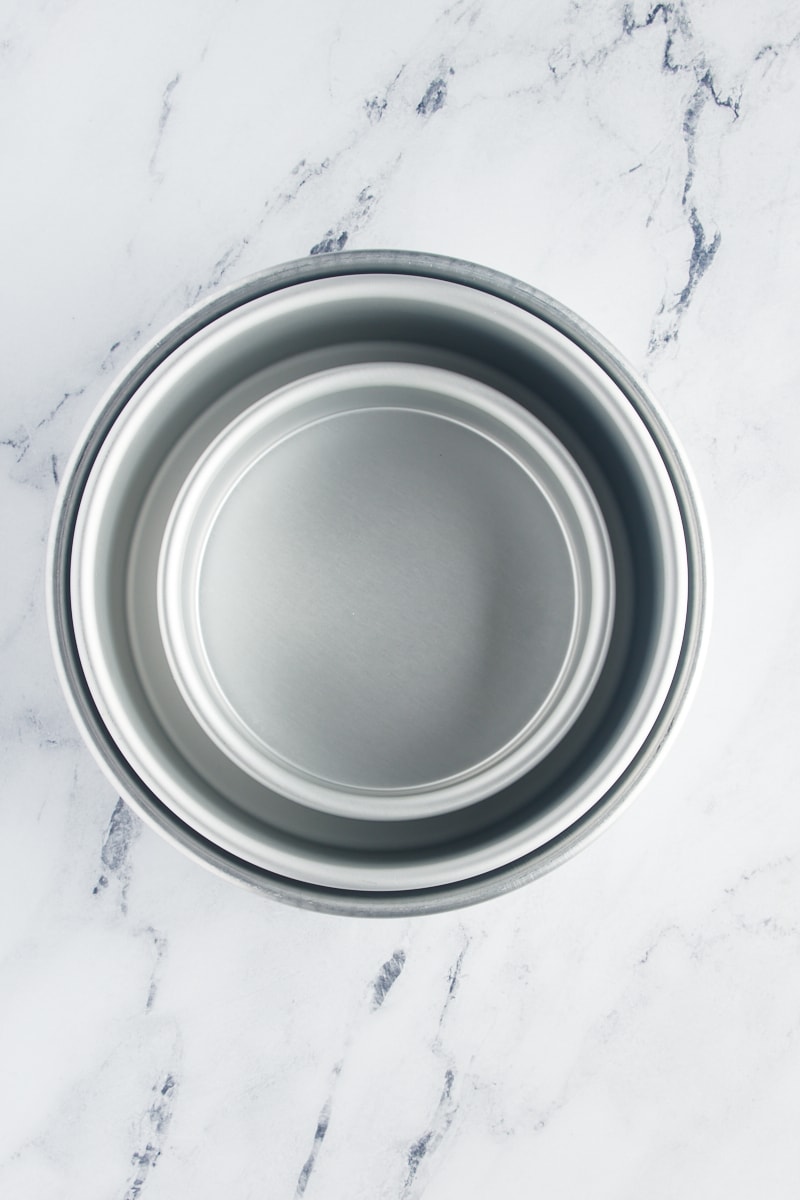 overhead view of three nested round cake pans