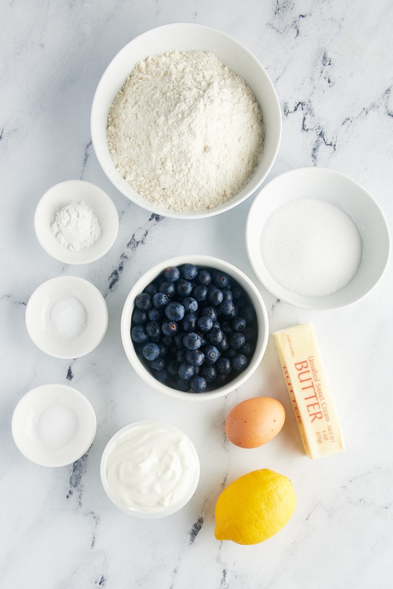 overhead view of ingredients for blueberry scones