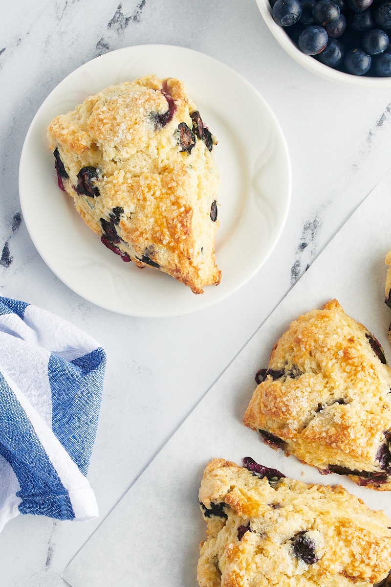 overhead view of a blueberry scone on a white plate with more scones on parchment paper