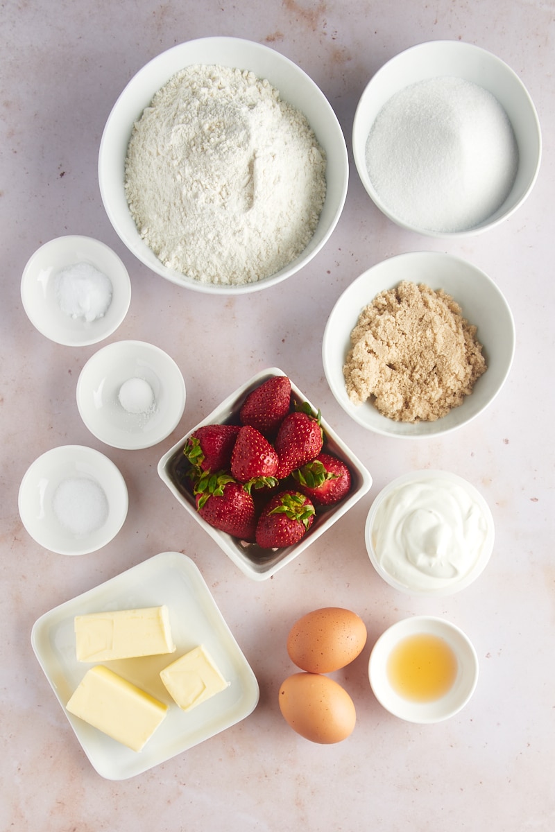 overhead view of ingredients for strawberry muffins
