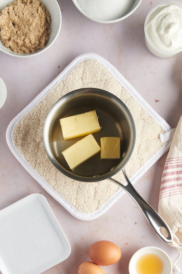 overhead view of butter in a saucepan