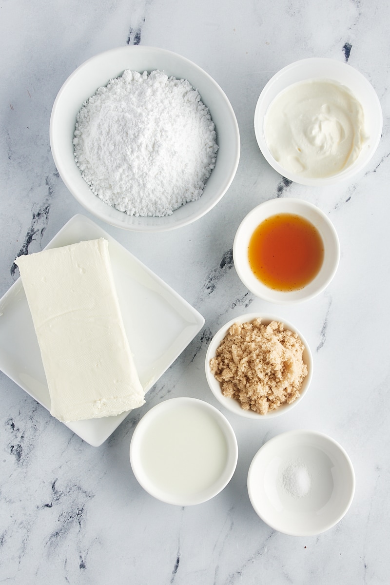 Overhead view of ingredients for cheesecake dip