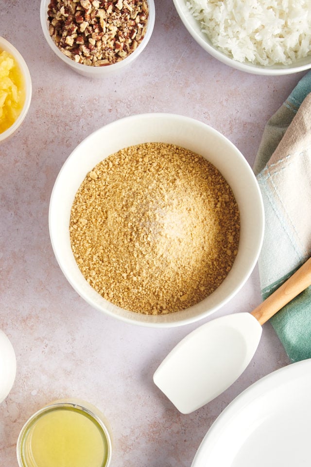 Overhead view of graham cracker crumbs in bowl