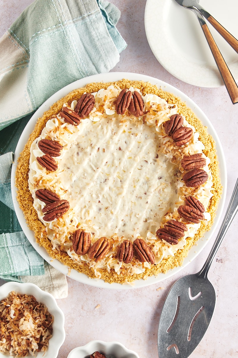 Overhead view of whole millionaire pie on serving platter