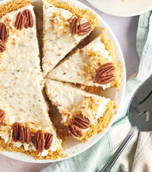 Overhead view of sliced millionaire pie on serving platter