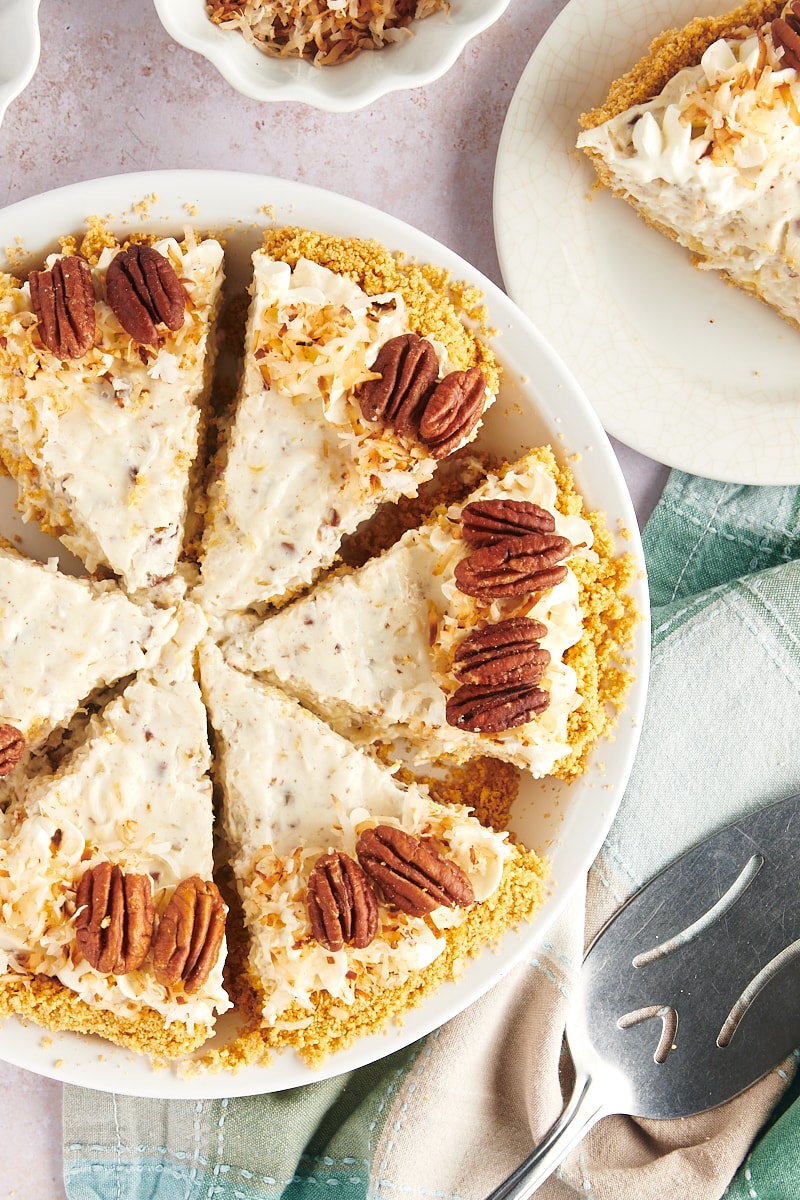 Overhead view of sliced millionaire pie on serving platter