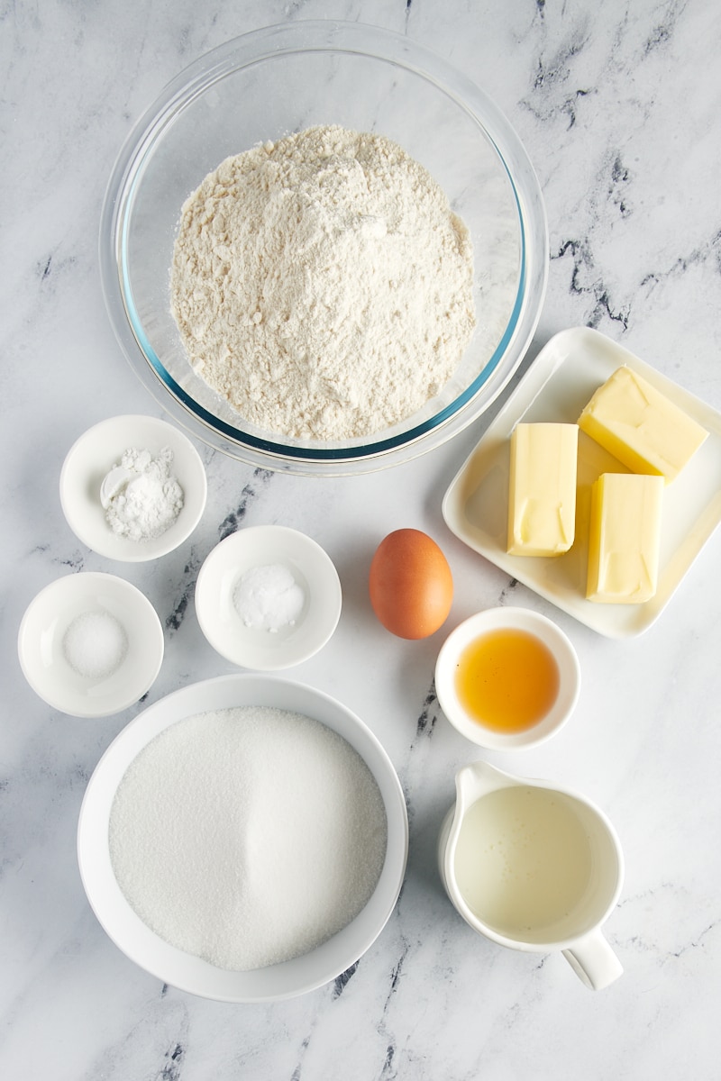 Overhead view of ingredients for tea cakes.