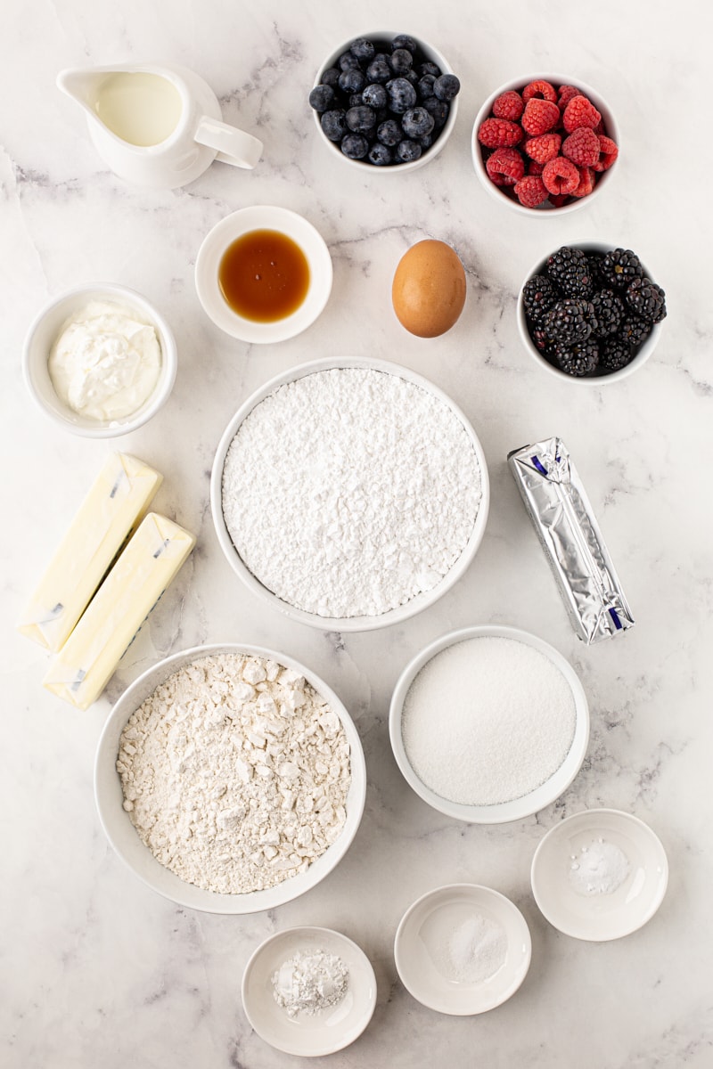 overhead view of ingredients for berry cupcakes