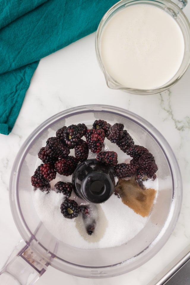 overhead view of blackberries, sugar, lemon juice, and vanilla in the bowl of a food processor