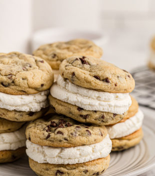 Chocolate Chip Cookie Sandwiches piled on a light gray plate