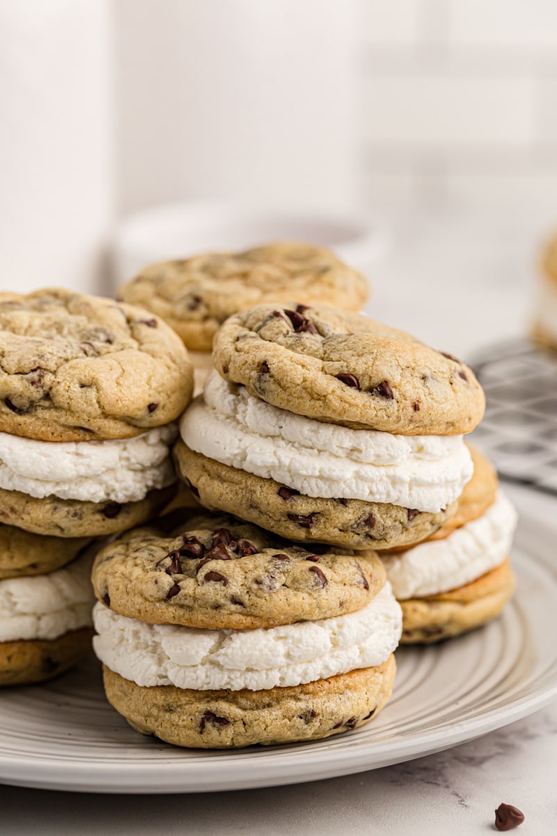 Chocolate Chip Cookie Sandwiches piled on a light gray plate