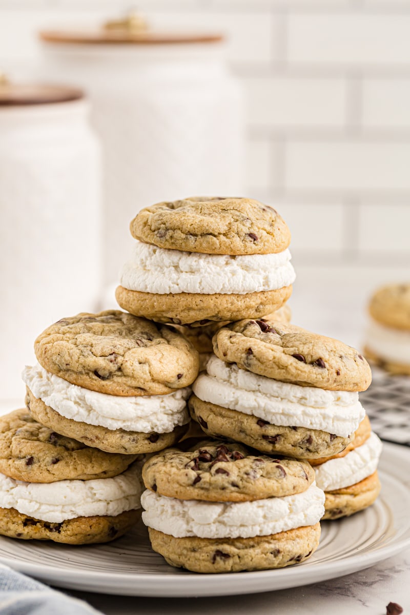 Chocolate Chip Cookie Sandwiches stacked on a light gray plate