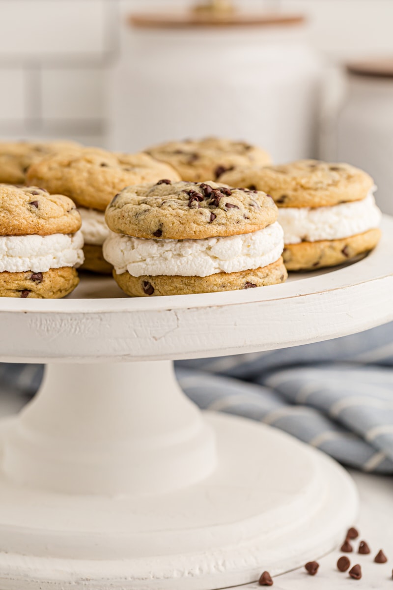 Chocolate Chip Cookie Sandwiches on a white cake stand
