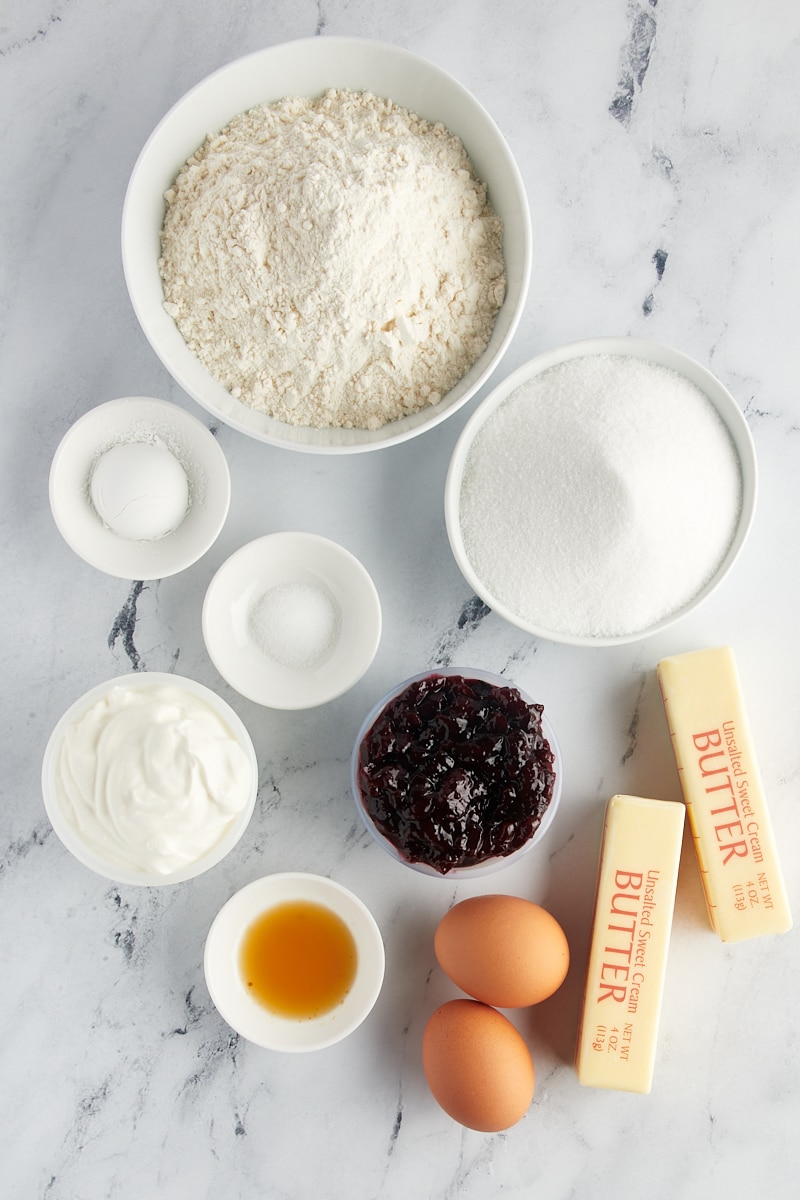 overhead view of ingredients for black cherry sour cream coffee cake