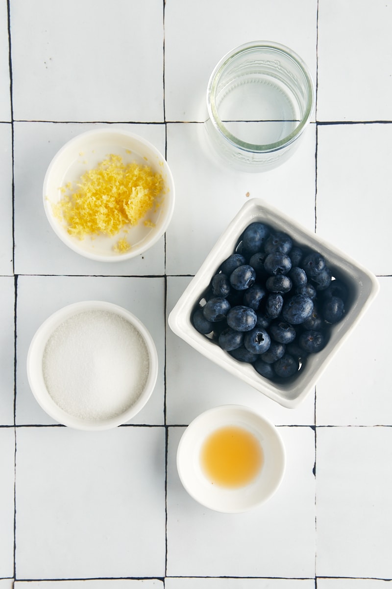 overhead view of ingredients for blueberry compote