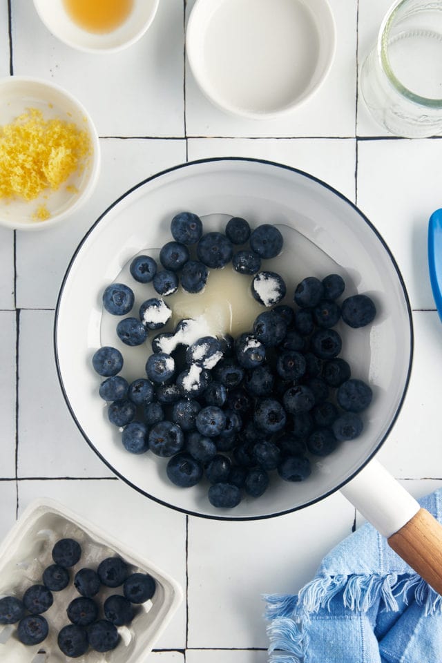 overhead view of blueberries, sugar, and water in a saucepan