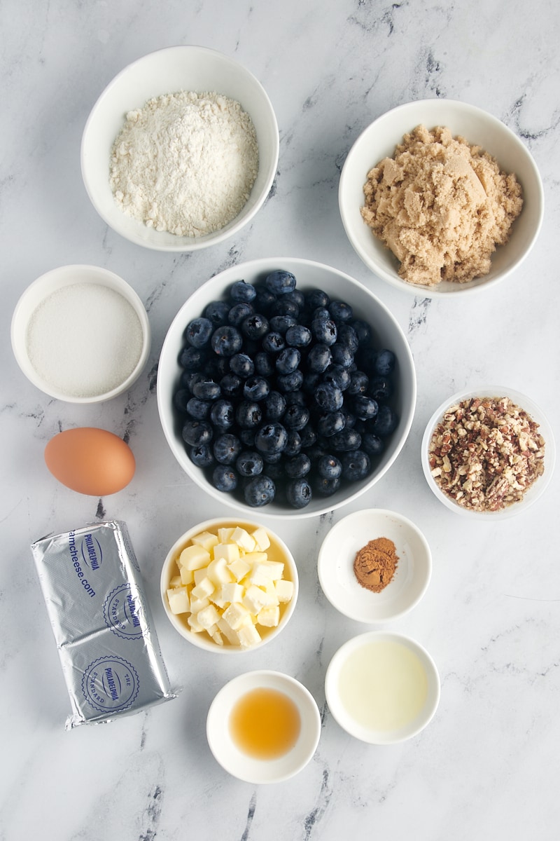 Overhead view of ingredients for blueberry crisp