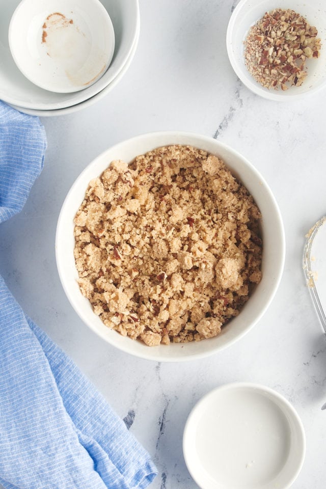 Overhead view of crumble topping in bowl