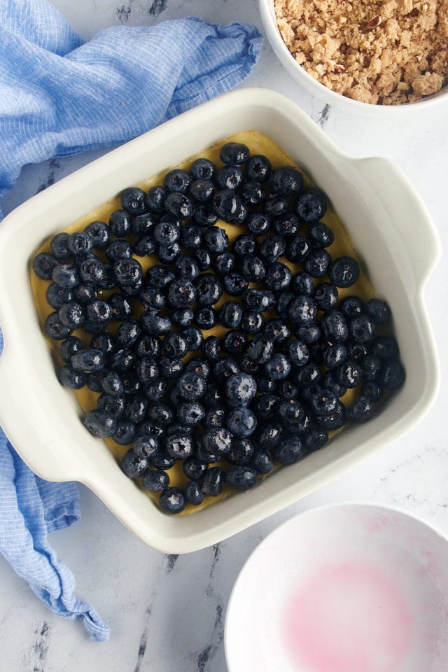 Overhead view of blueberries added to baking dish