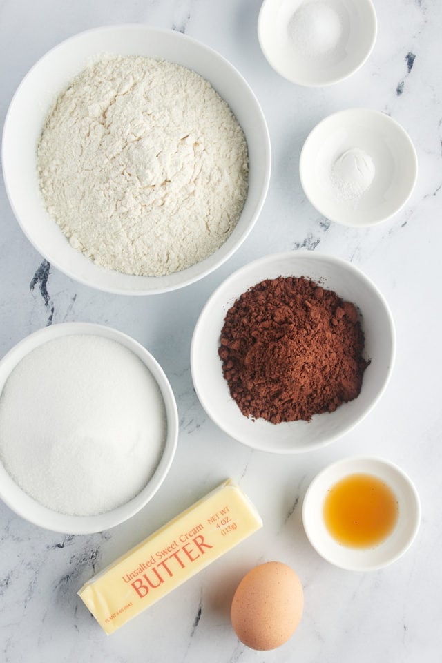 overhead view of ingredients for chocolate cookies