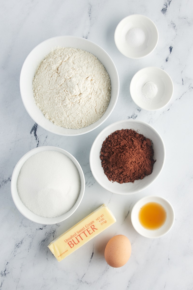 overhead view of ingredients for chocolate wafer cookies