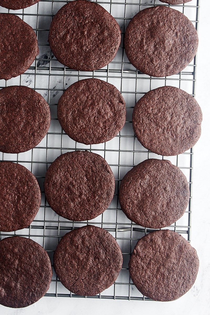 overhead view of chocolate wafer cookies on a wire rack