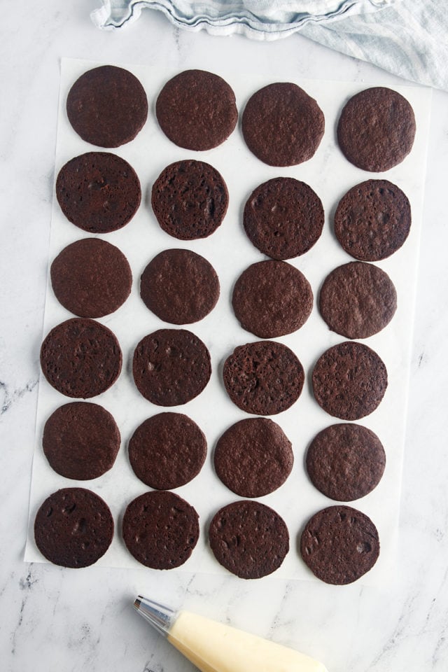 overhead view of chocolate wafer cookies on parchment paper