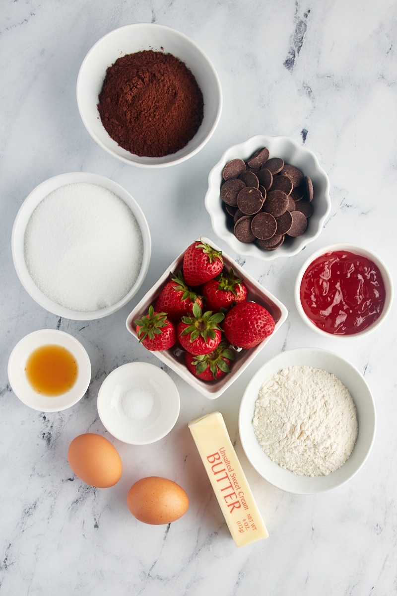 Overhead view of ingredients for strawberry brownies