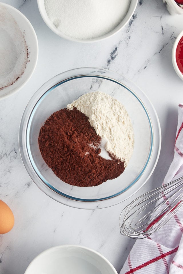Overhead view of cocoa powder, flour, and salt in mixing bowl