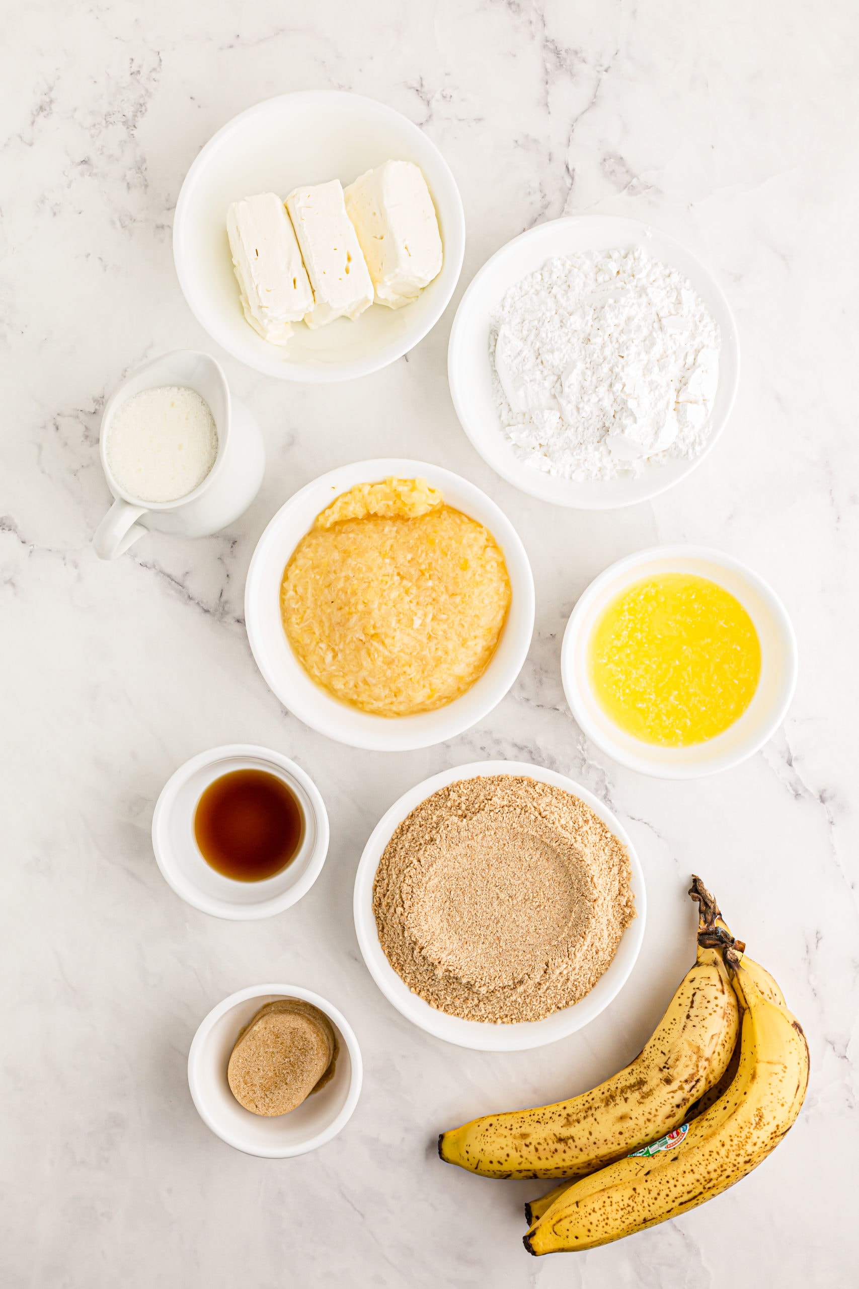 Overhead view of ingredients for banana split cake