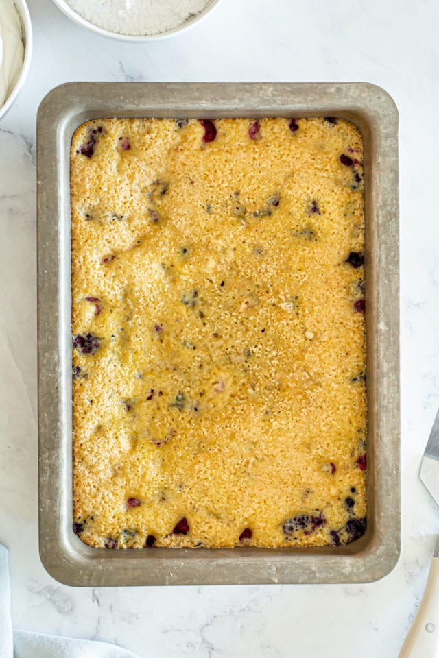 overhead view of freshly baked berry pudding cake in a 9 x 13 baking pan
