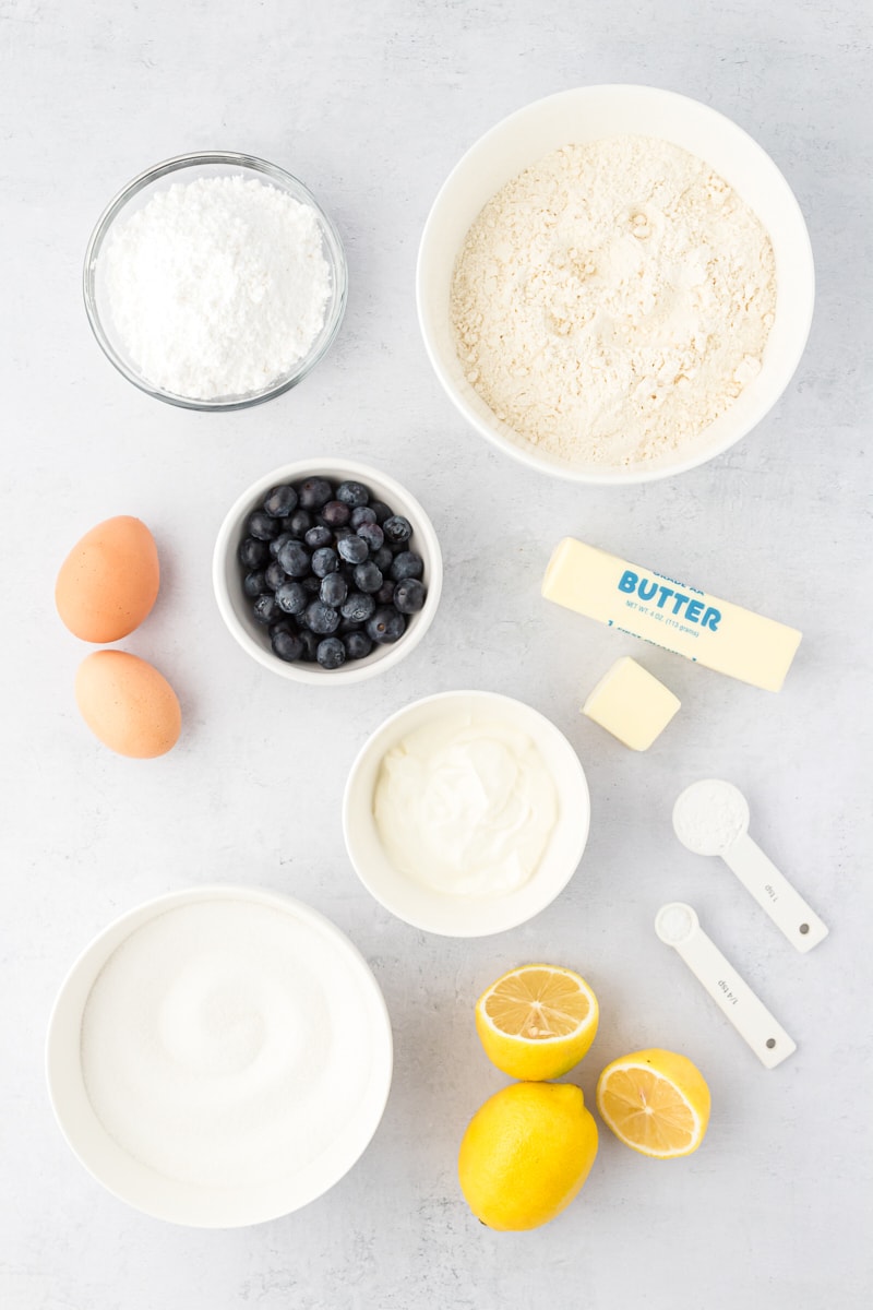overhead view of ingredients for lemon blueberry cookies