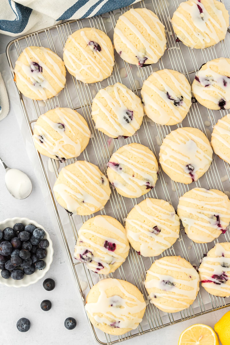 overhead view of lemon blueberry cookies on a wire rack