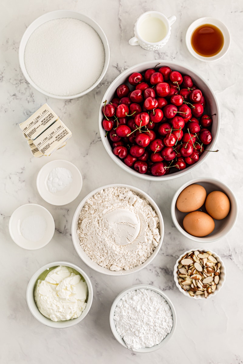 Overhead view of ingredients for cherry-vanilla yogurt cake