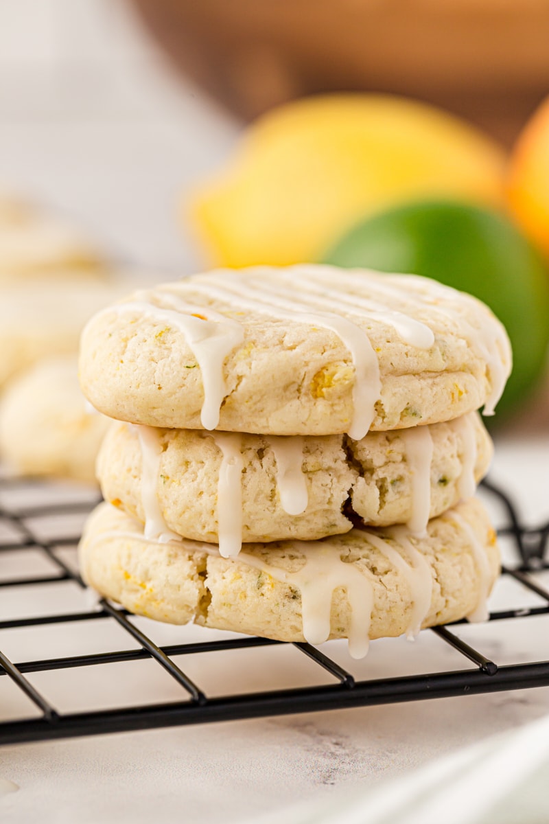 stack of three Triple Citrus Cookies on a wire rack