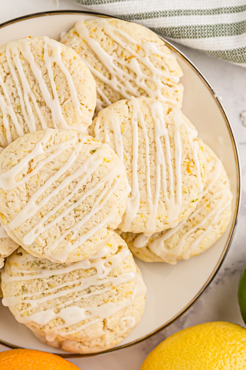 overhead view of Triple Citrus Cookies on a gold-rimmed white plate