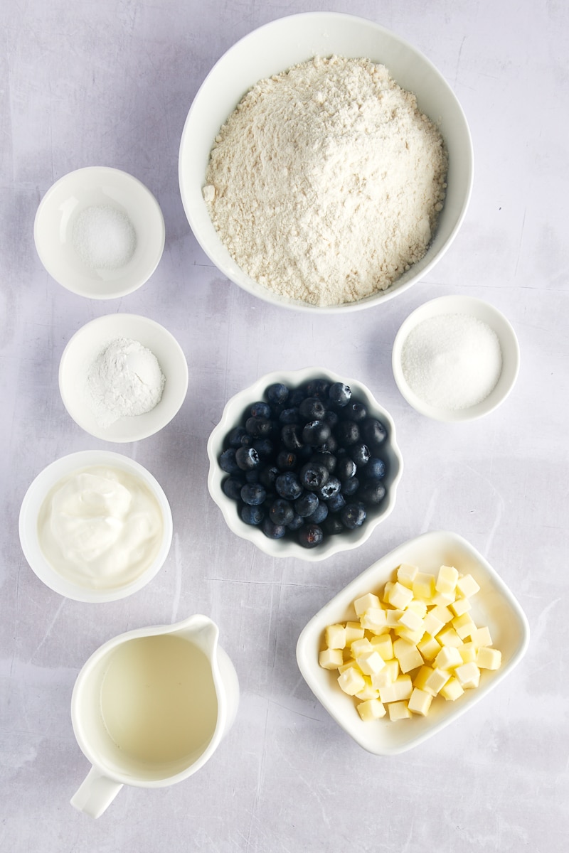 Overhead view of ingredients for blueberry biscuits