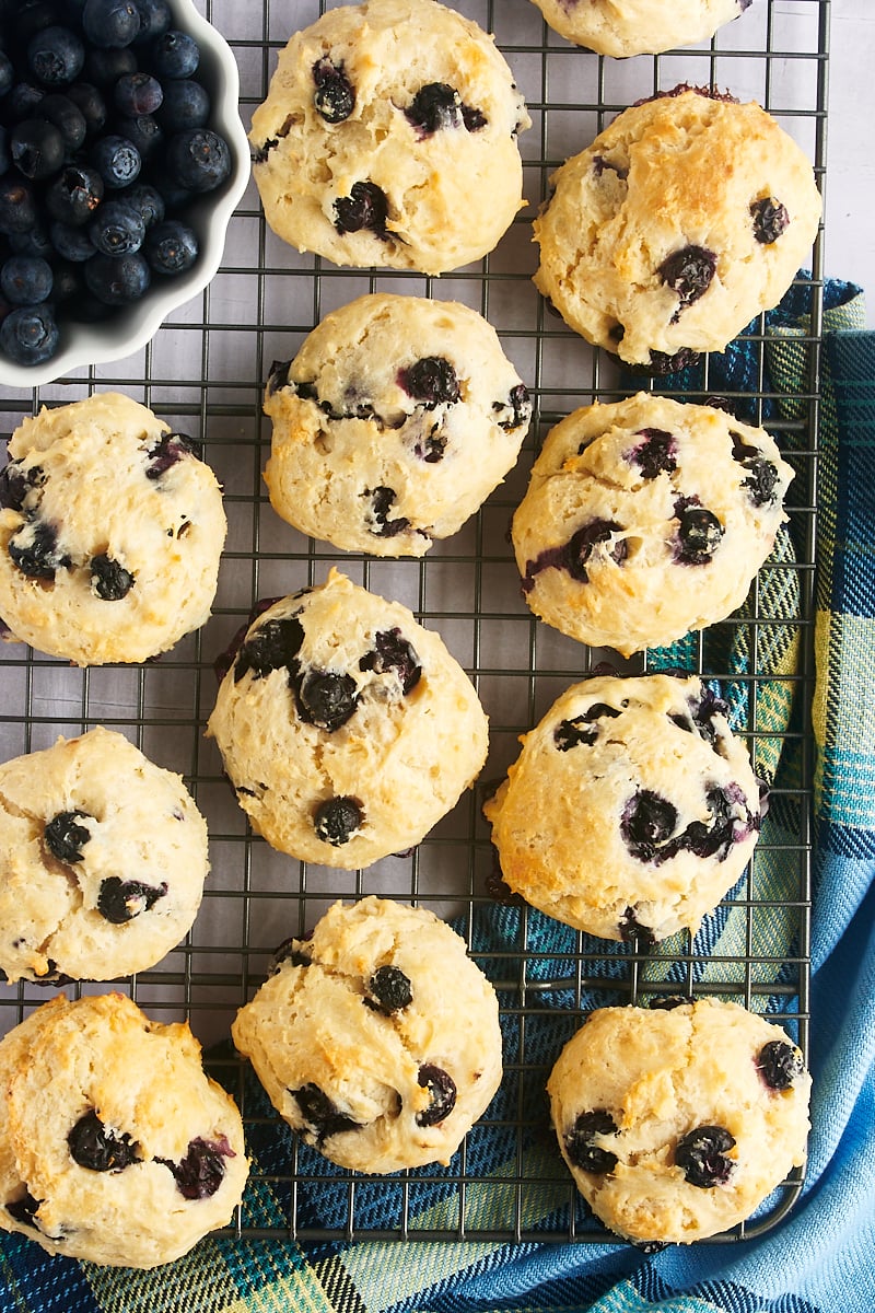 Overhead view of blueberry biscuits on wire cooling rack