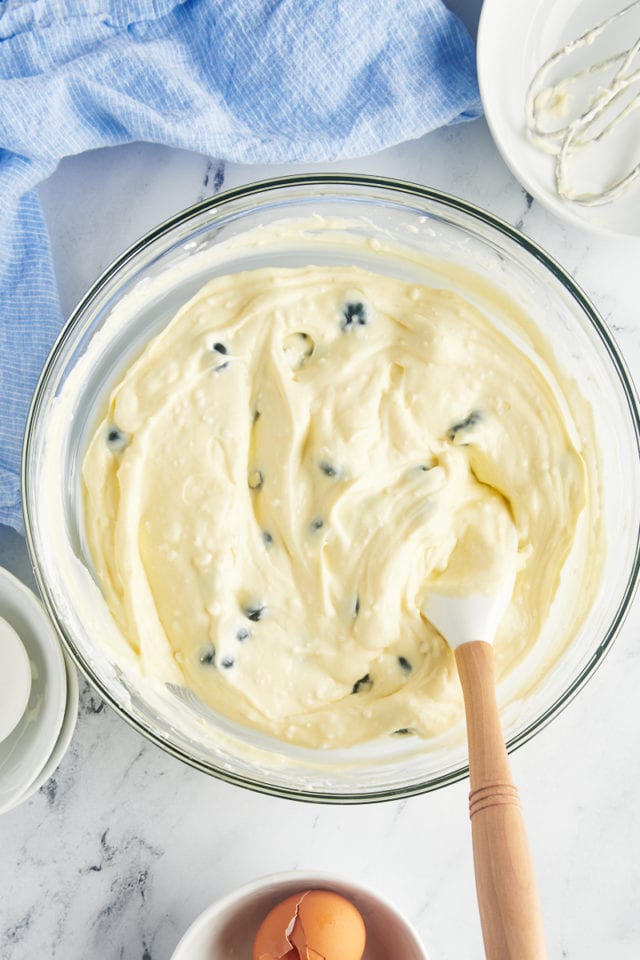 overhead view of mixed blueberry cheesecake batter