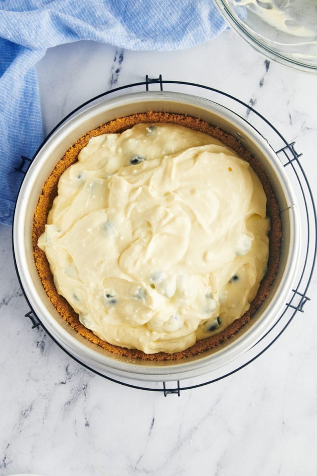 overhead view of blueberry cheesecake batter in a graham cracker crust in a springform pan